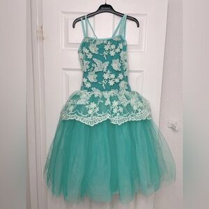 Teal and white ballet costume.